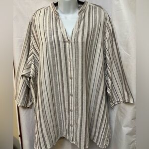 Erika Beige and Brown Striped linen cottonBlouse Button front 3X Plus size